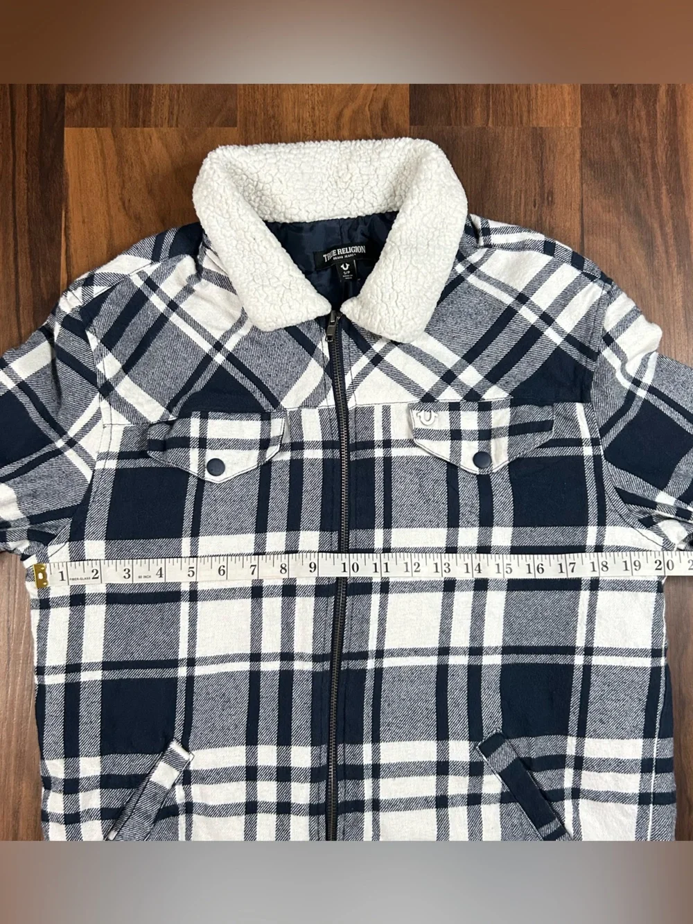Y2K True Religion Navy & White Plaid Sherpa Collar Jacket